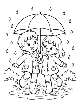 Free printable Children Sharing An Umbrella In The Rain coloring page
