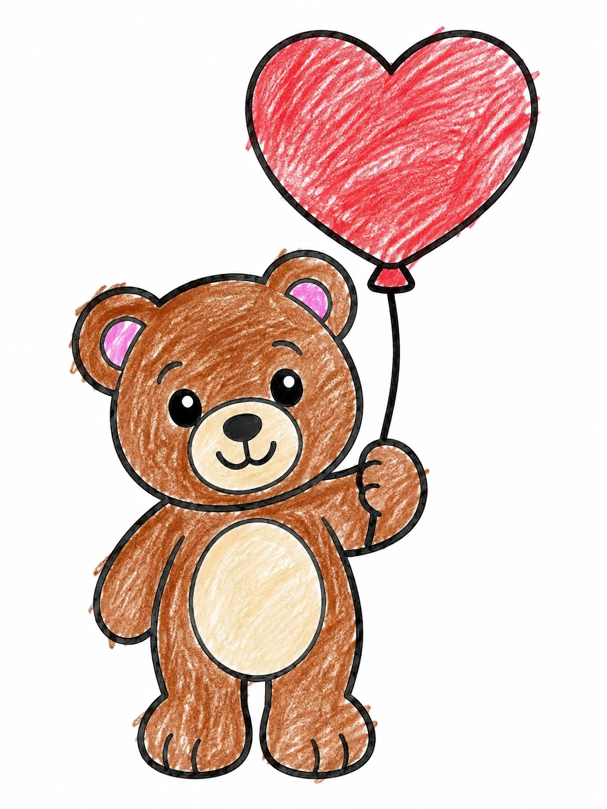 Colored example of the Cute Teddy Bear With Heart Balloon coloring page