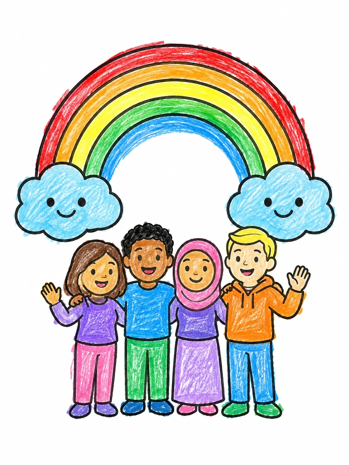 Colored example of the Friends Together Under A Bright Rainbow coloring page