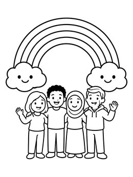 Free printable Friends Together Under A Bright Rainbow coloring page