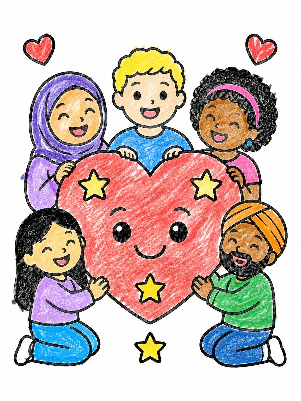 Colored example of the Diverse Group Holding Smiling Heart coloring page