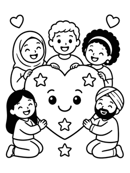 Free printable Diverse Group Holding Smiling Heart coloring page