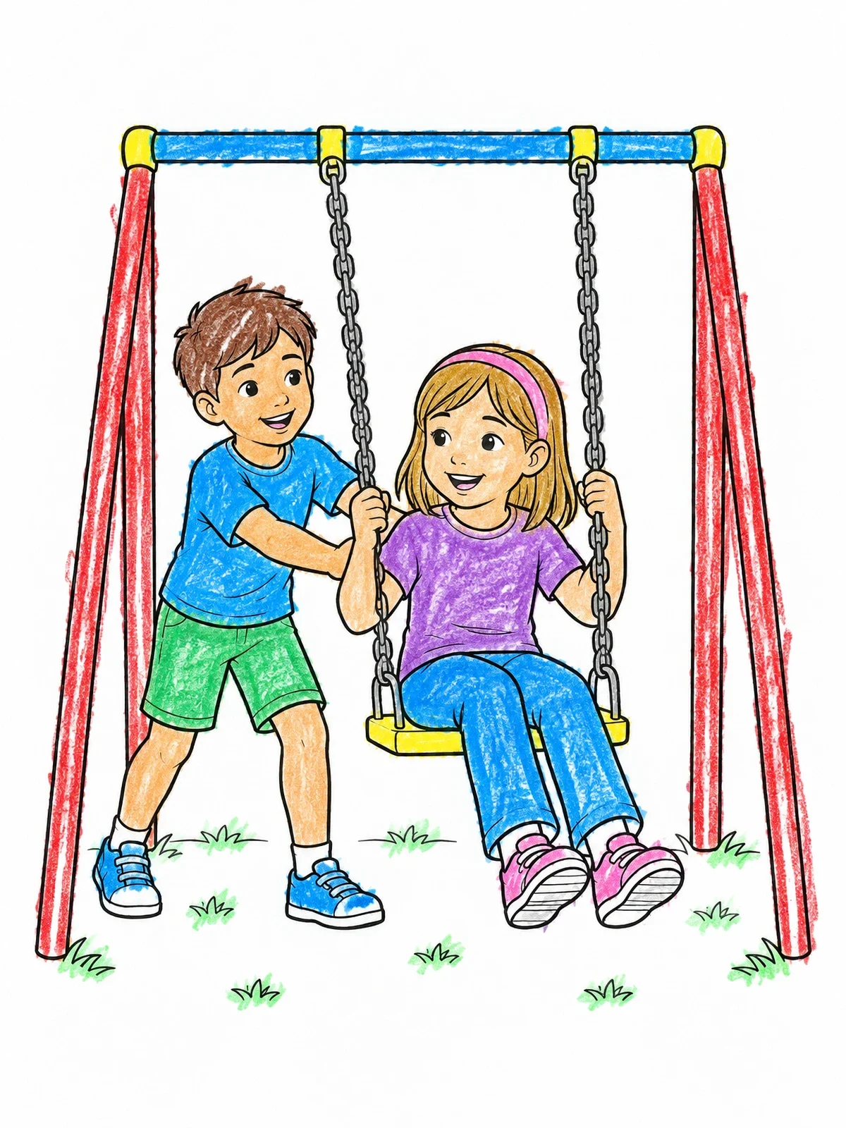 Colored example of the Friends Sharing A Playground Swing coloring page
