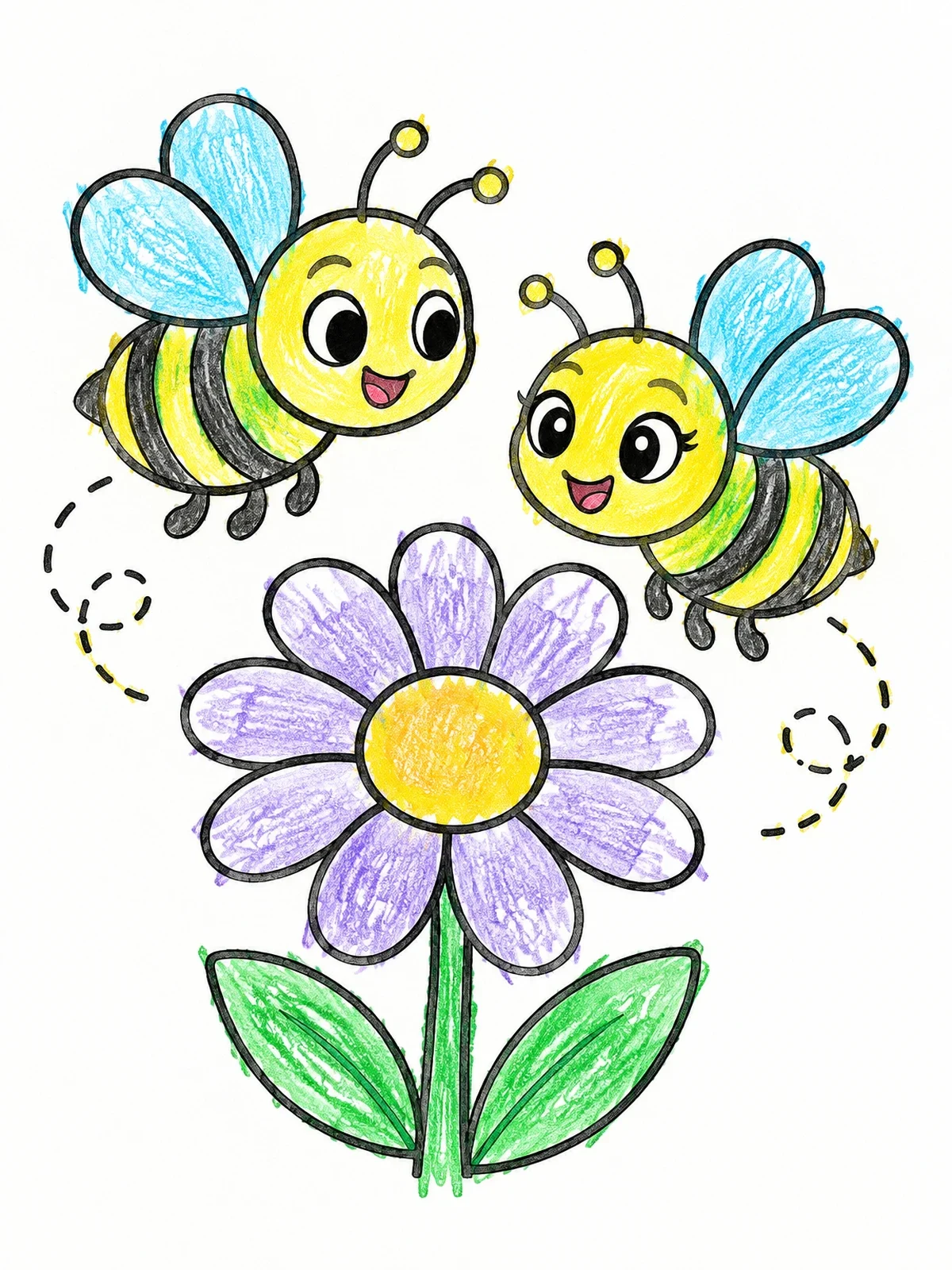 Colored example of the Happy Bees Around A Daisy Flower coloring page