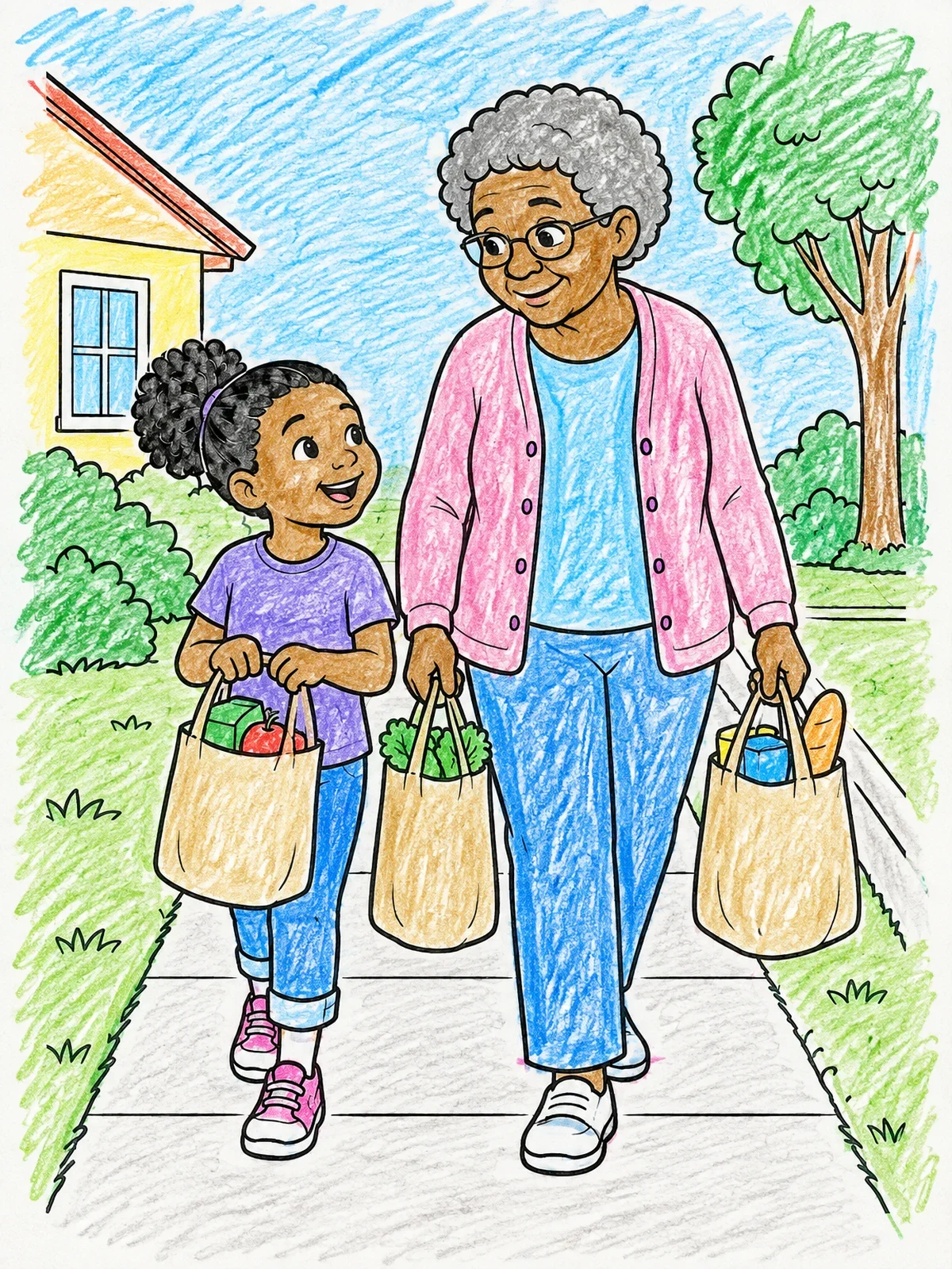 Colored example of the Helping A Neighbor Carry Groceries coloring page
