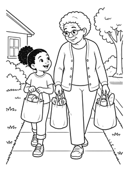 Free printable Helping A Neighbor Carry Groceries coloring page