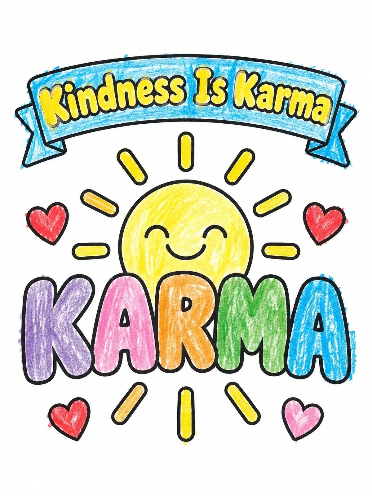 Colored example of the Kindness Is Karma Sun And Hearts coloring page