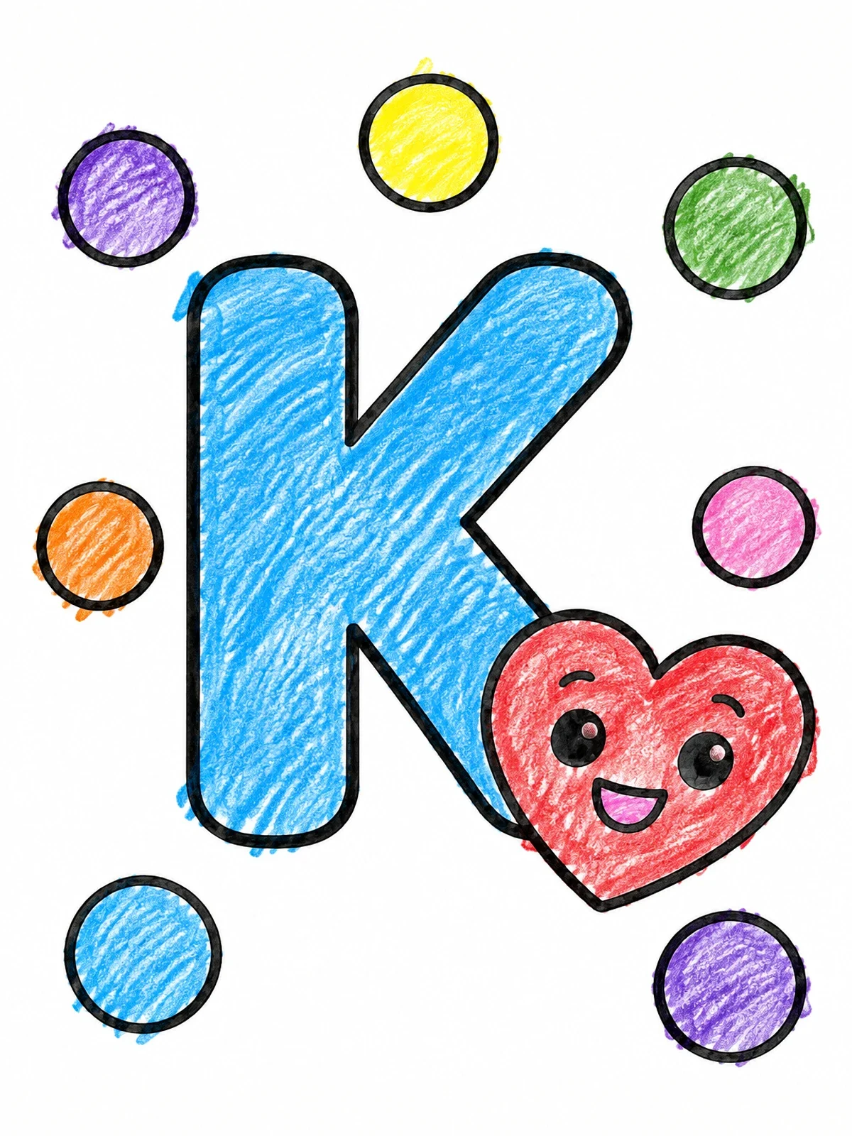 Colored example of the Letter K With Happy Heart coloring page