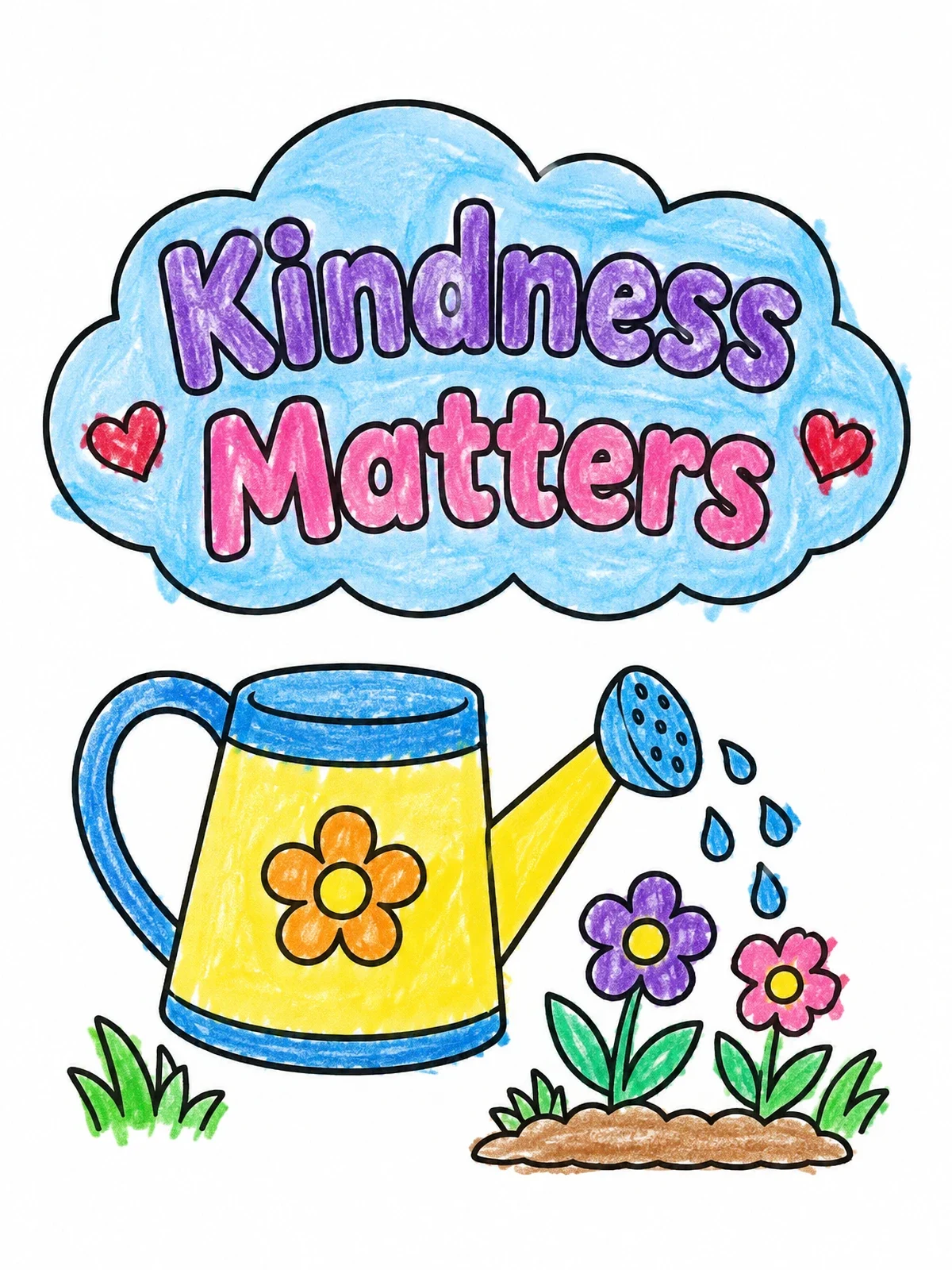 Colored example of the Kindness Matters Watering Can And Flowers coloring page
