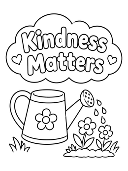 Free printable Kindness Matters Watering Can And Flowers coloring page