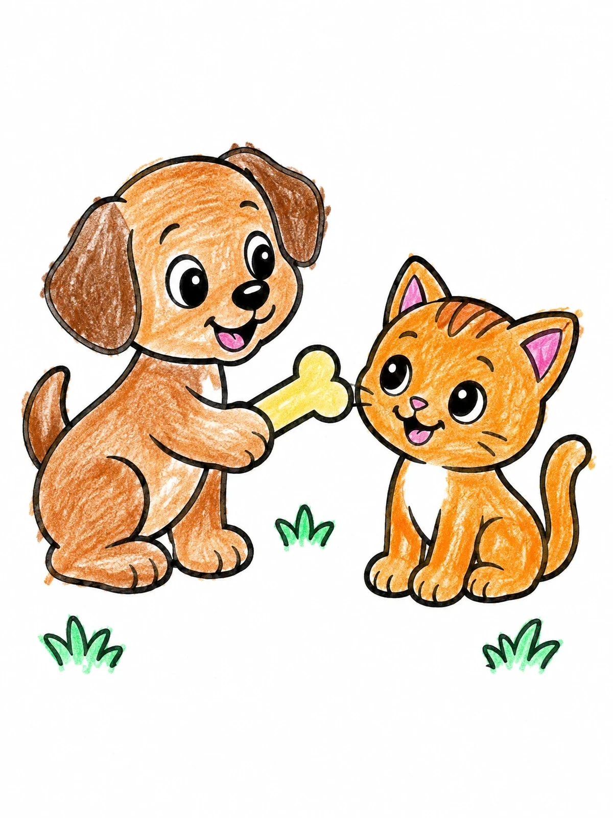 Colored example of the Puppy Sharing Bone With Kitten coloring page