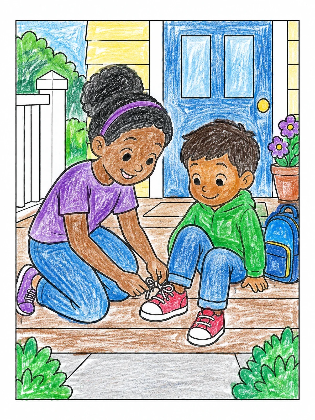 Colored example of the Big Sister Helping Tie Shoes coloring page