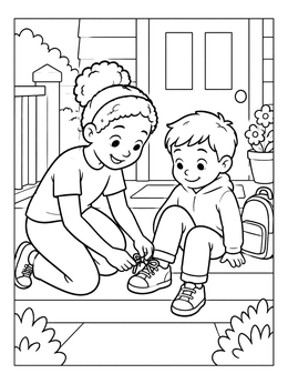 Free printable Big Sister Helping Tie Shoes coloring page