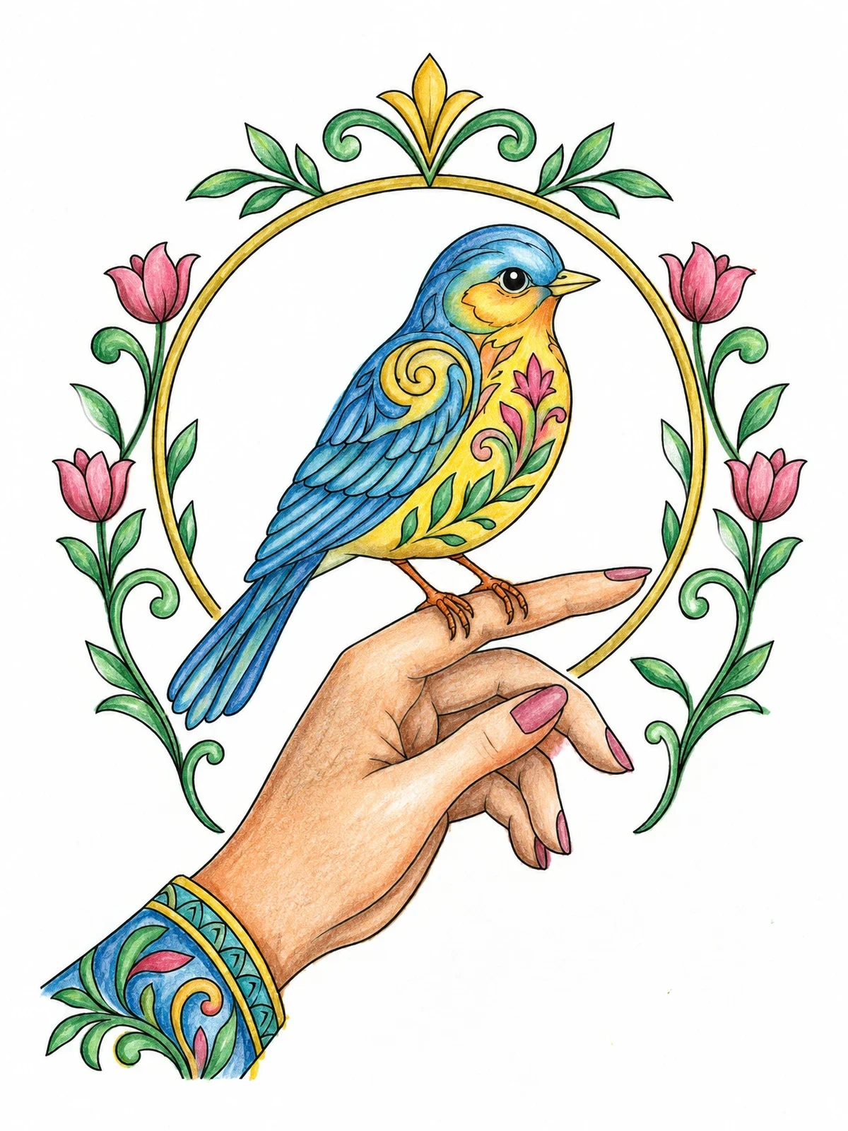 Colored example of the Songbird Resting On Gentle Hand coloring page