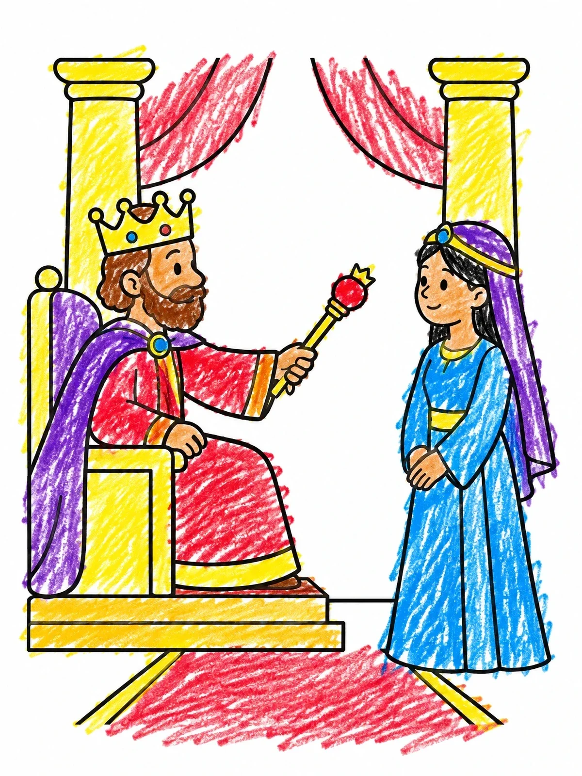 Colored example of the King Ahasuerus Welcoming Queen Esther coloring page