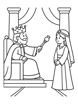 King Ahasuerus holds his scepter toward Esther in this queen esther coloring page.