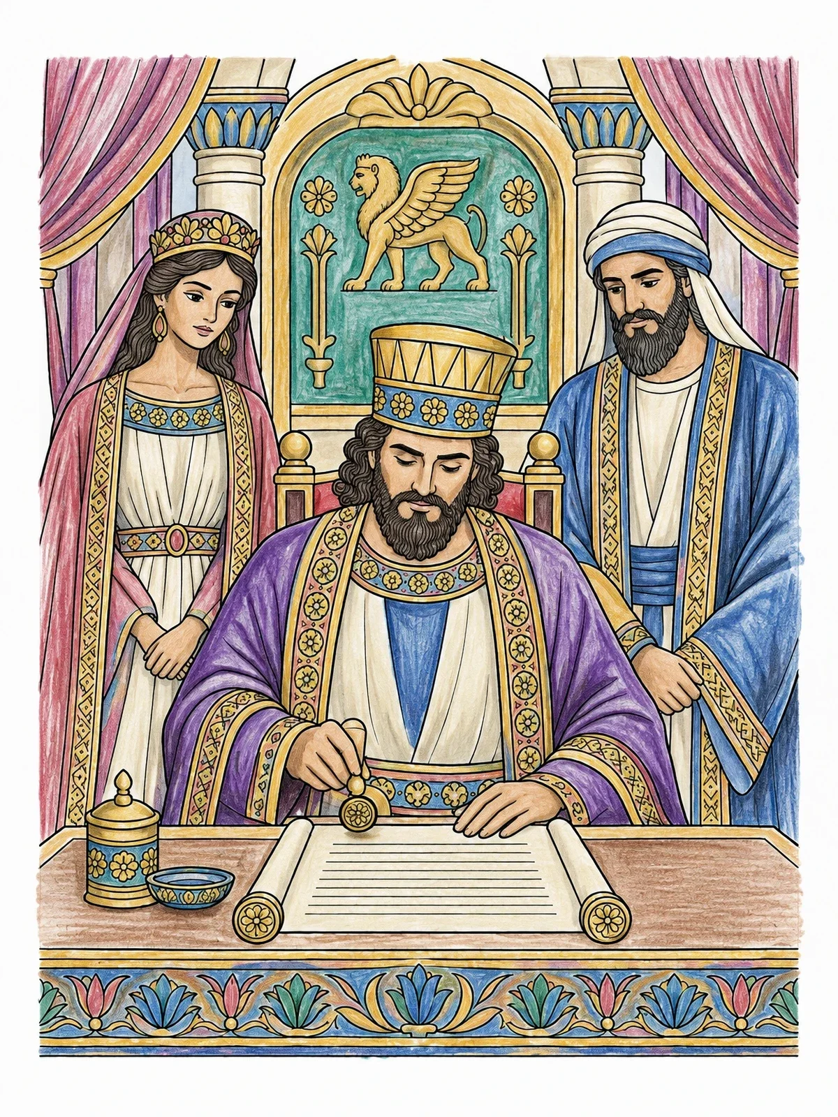 Colored example of the King Ahasuerus Sealing The Royal Decree coloring page