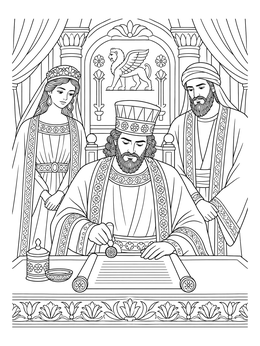 Queen Esther and Mordecai watch the king in this detailed esther coloring page.
