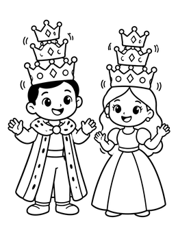 A cute cartoon king and queen coloring page balancing stacked crowns on their heads.