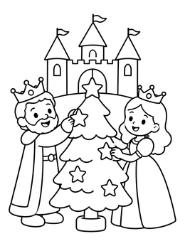 A cheerful king and queen coloring page decorating a tree with stars outside their castle.