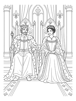 A detailed king and queen coloring page showing the royal couple sitting on ornate thrones.