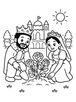 Free printable King And Queen Planting Roses coloring page