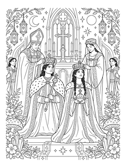 A detailed king and queen coloring page depicting a royal coronation ceremony inside a grand cathedral.