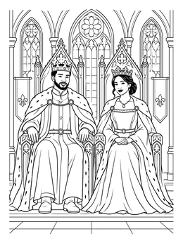 A detailed king and queen coloring page featuring the royal couple seated on ornate thrones.