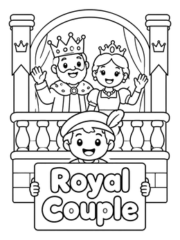 A friendly king and queen coloring page with a page boy holding a sign.