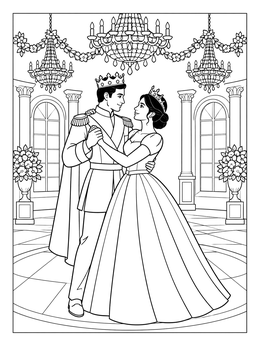 A graceful king and queen coloring page dancing together in an ornate ballroom beneath chandeliers.