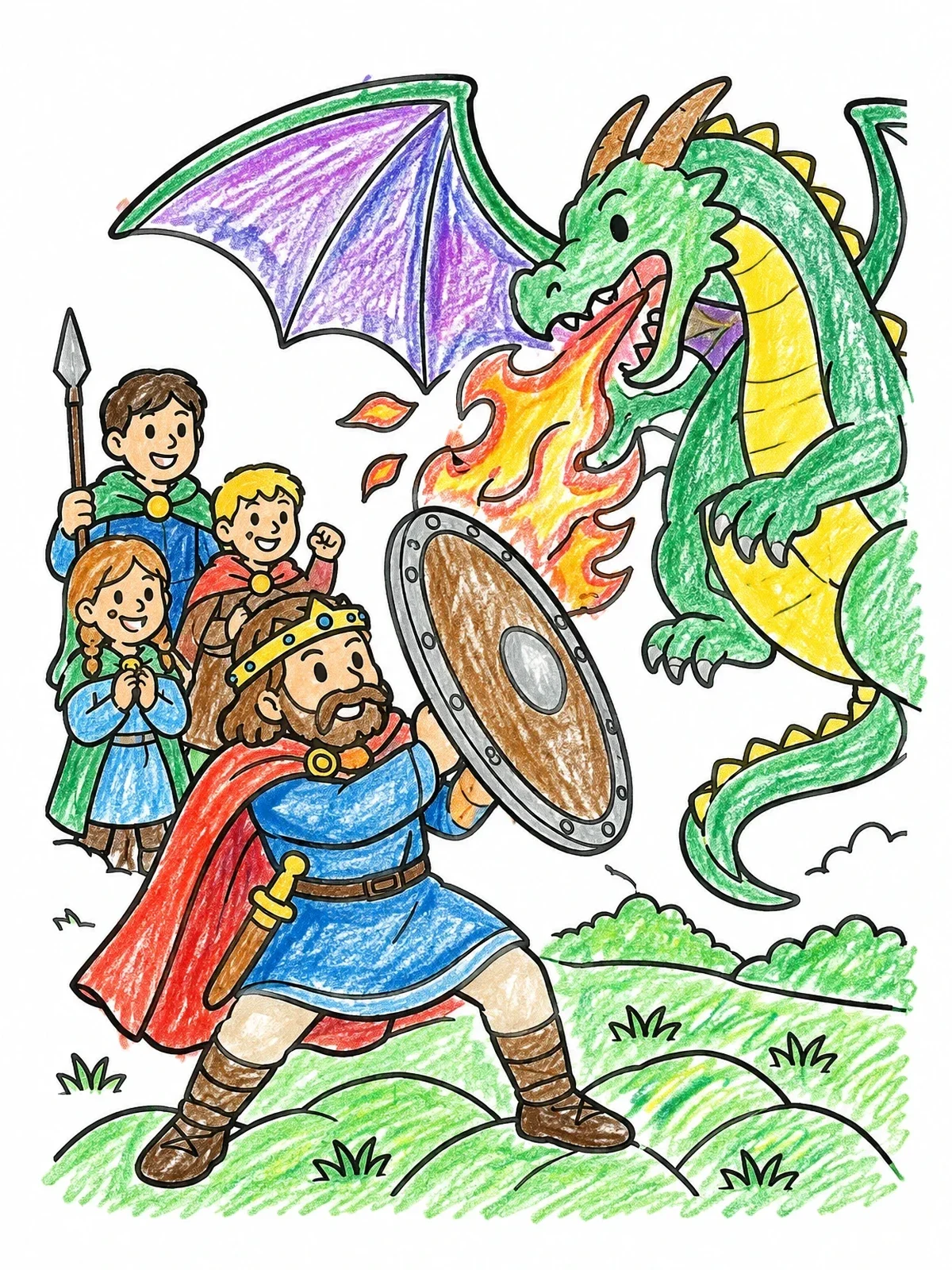 Colored example of the King Beowulf Facing The Dragon coloring page