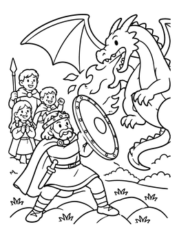 Free printable King Beowulf Facing The Dragon coloring page