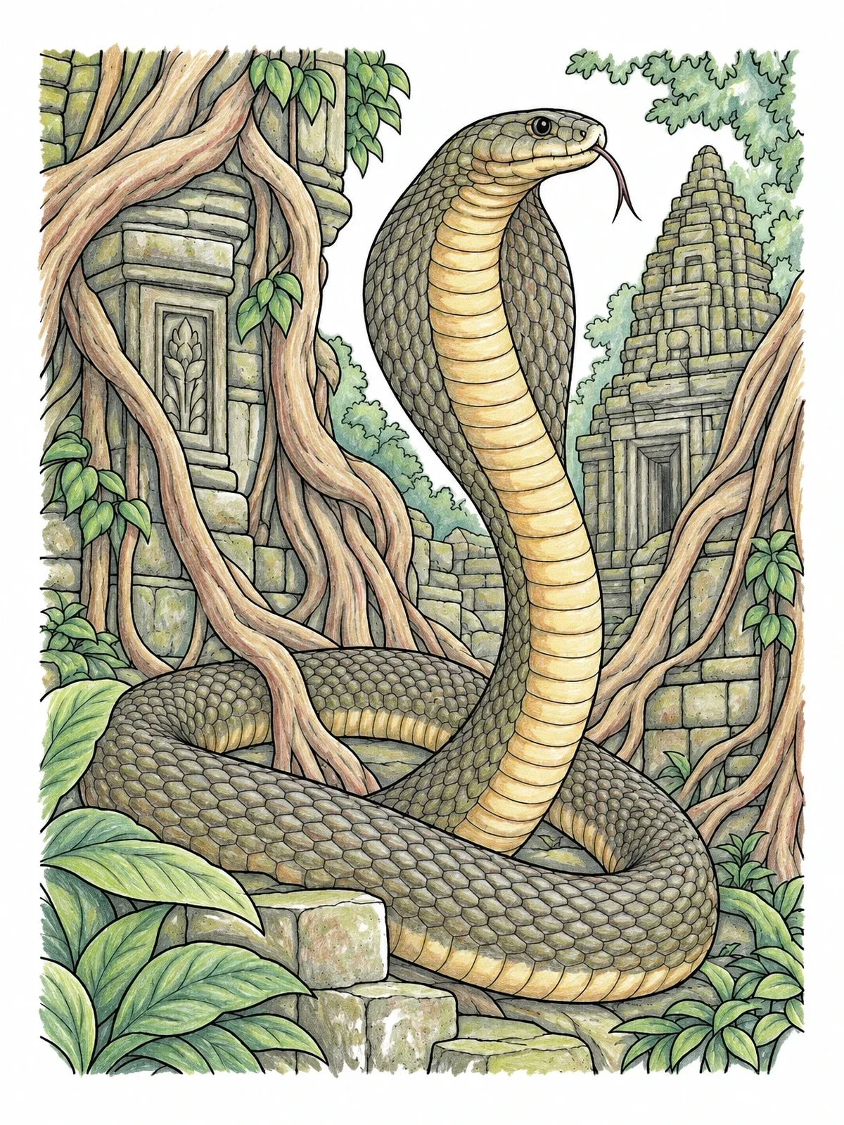 Colored example of the King Cobra At Ancient Ruins coloring page