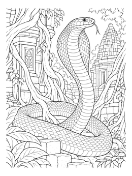 A detailed king cobra coloring page featuring a serpent coiled amid ancient temple stones and tree roots.