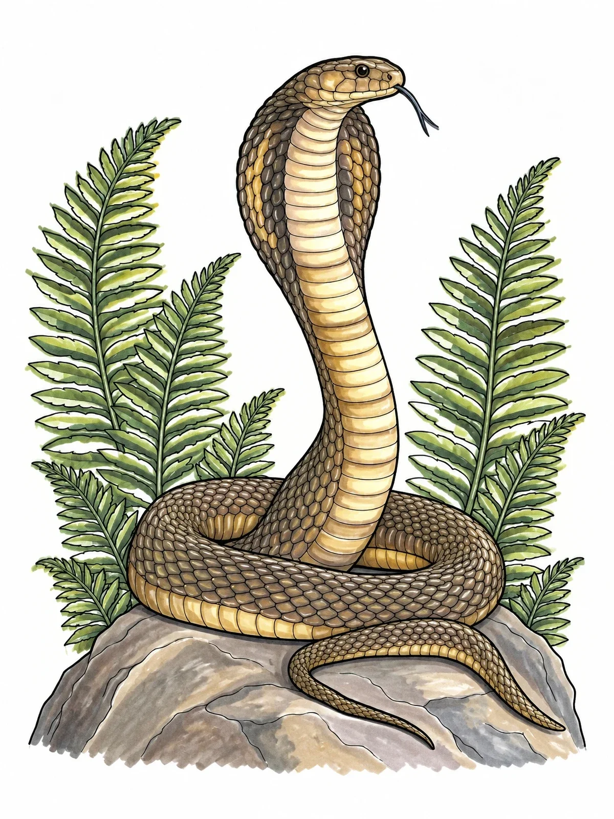 Colored example of the King Cobra On Boulder With Ferns coloring page