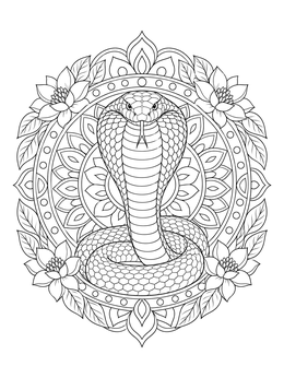 A coiled serpent within an ornate frame on this king cobra coloring page.