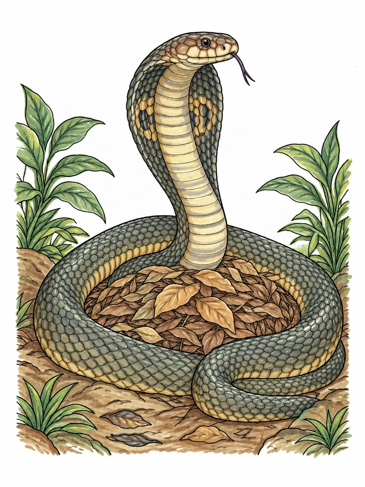 Colored example of the King Cobra Guarding Leaf Nest coloring page