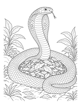 Detailed king cobra coloring page showing the snake coiled protectively around its leaf nest.