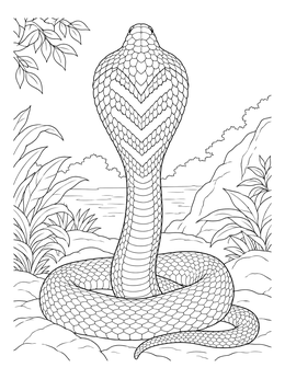 Detailed king cobra coloring page showing the chevron markings on the back of its spread hood.