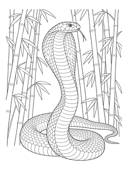 A realistic king cobra coloring page surrounded by tall bamboo stalks.