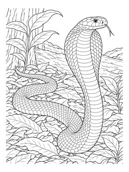 Detailed king cobra coloring page slithering upright through leaves on a forest path.