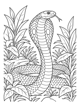 An alert king cobra coloring page showing a serpent coiled among lush tropical plants.