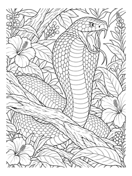 Detailed king cobra coloring page showing the snake rearing up amid lush jungle leaves and flowers.