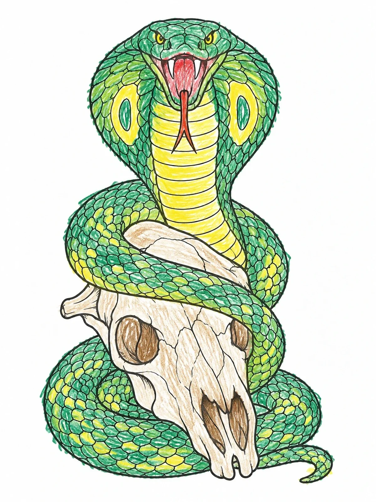 Colored example of the King Cobra On Animal Skull coloring page