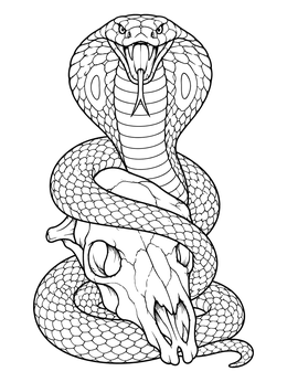 A fierce snake strikes in this king cobra coloring page wrapped around an animal skull.