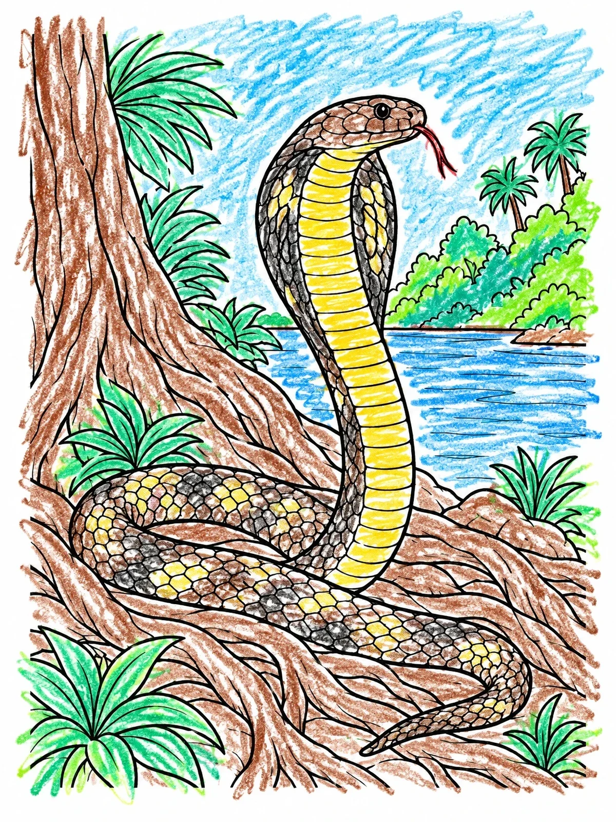 Colored example of the King Cobra By The Riverbank coloring page
