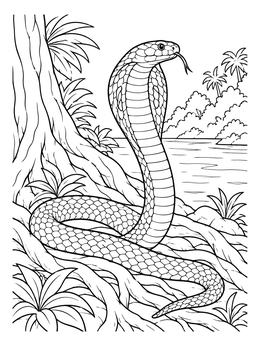 A detailed king cobra coloring page showing a serpent coiled among tree roots near a river.