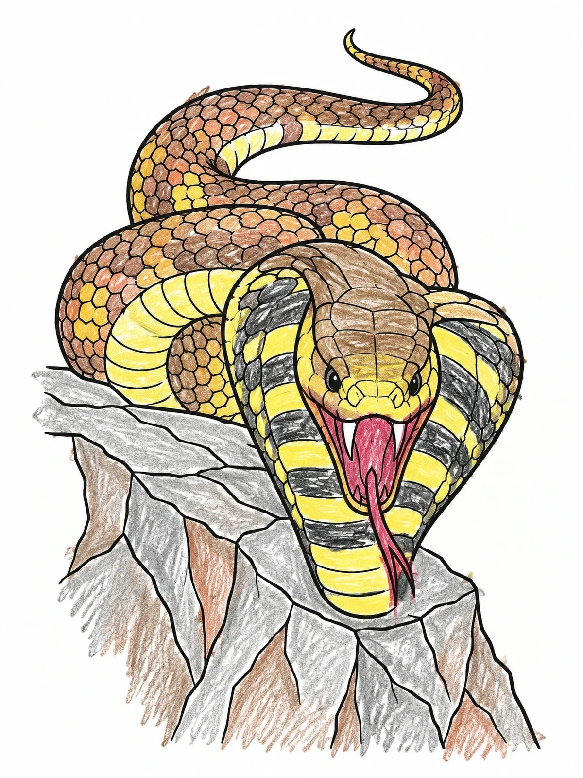 Colored example of the King Cobra Poised On A Rocky Ledge coloring page