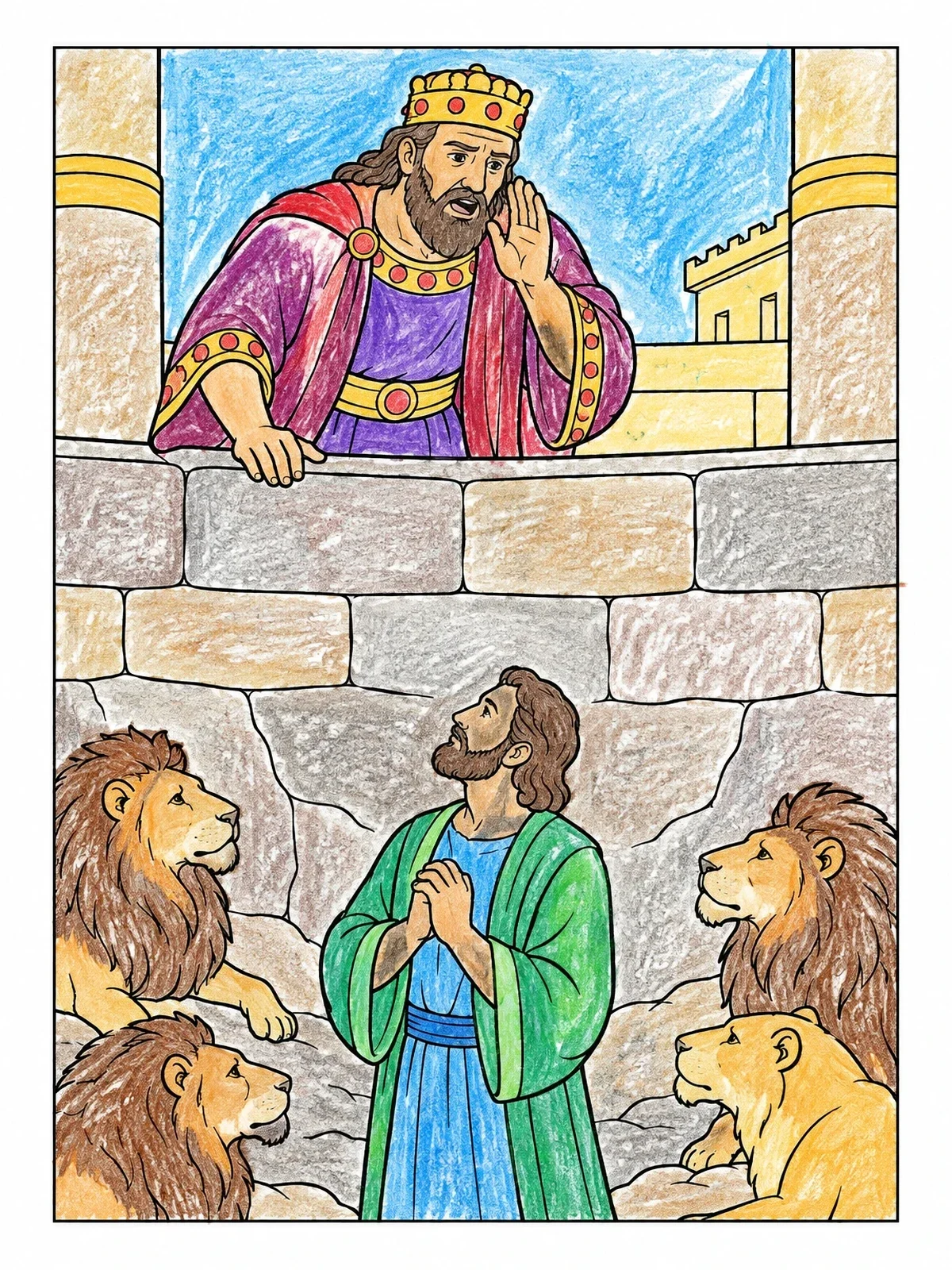 Colored example of the King Darius Calls To Daniel coloring page