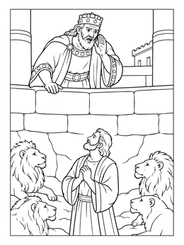 King Darius calls from a wall in this daniel in the lions den coloring page.